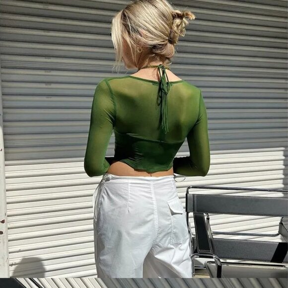 One Clothing Green Long Sleeve Strappy Mesh Panel Corset Top - Picture 2 of 2